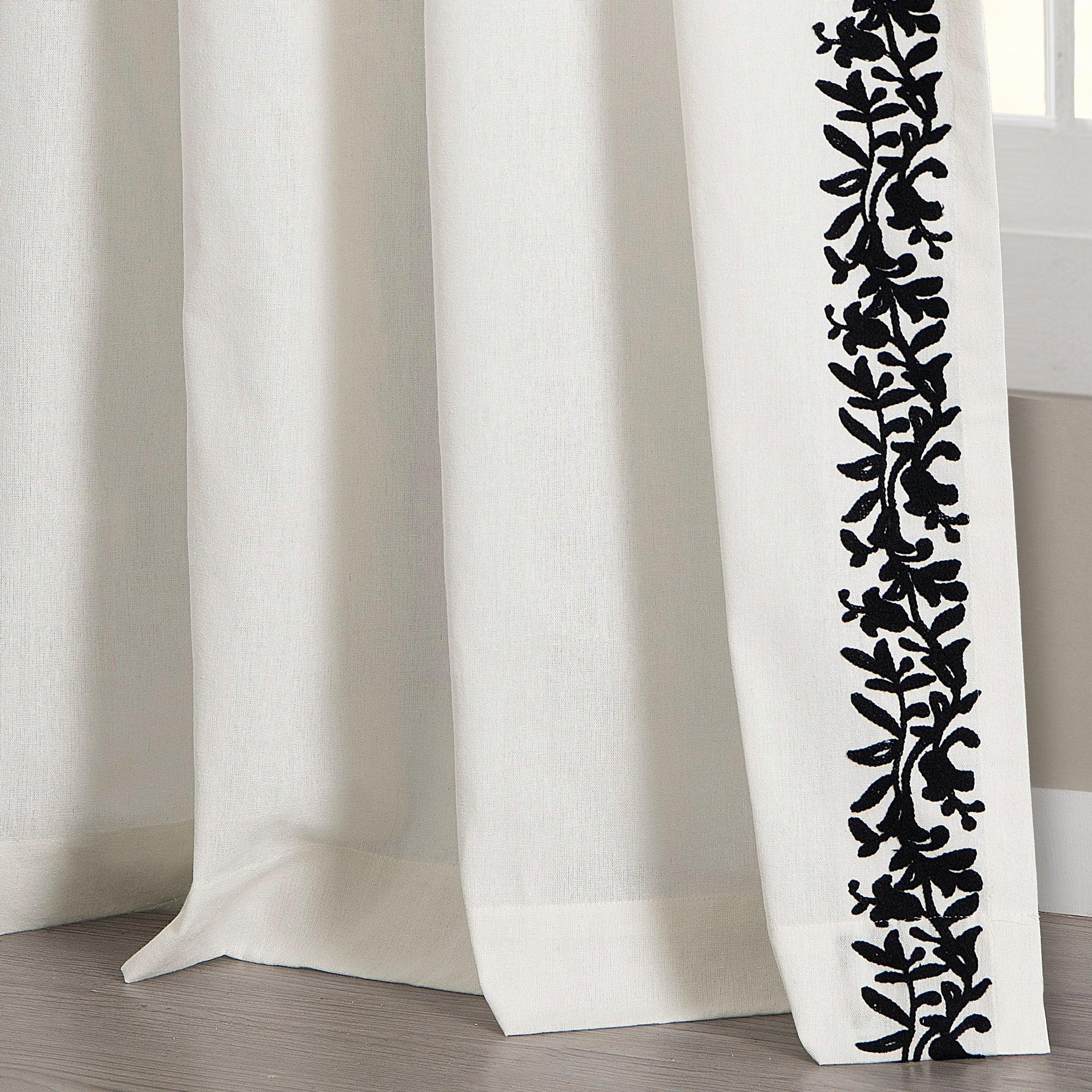 Luxury Modern Flower Linen Like Embroidery Border Window Curtain Panel