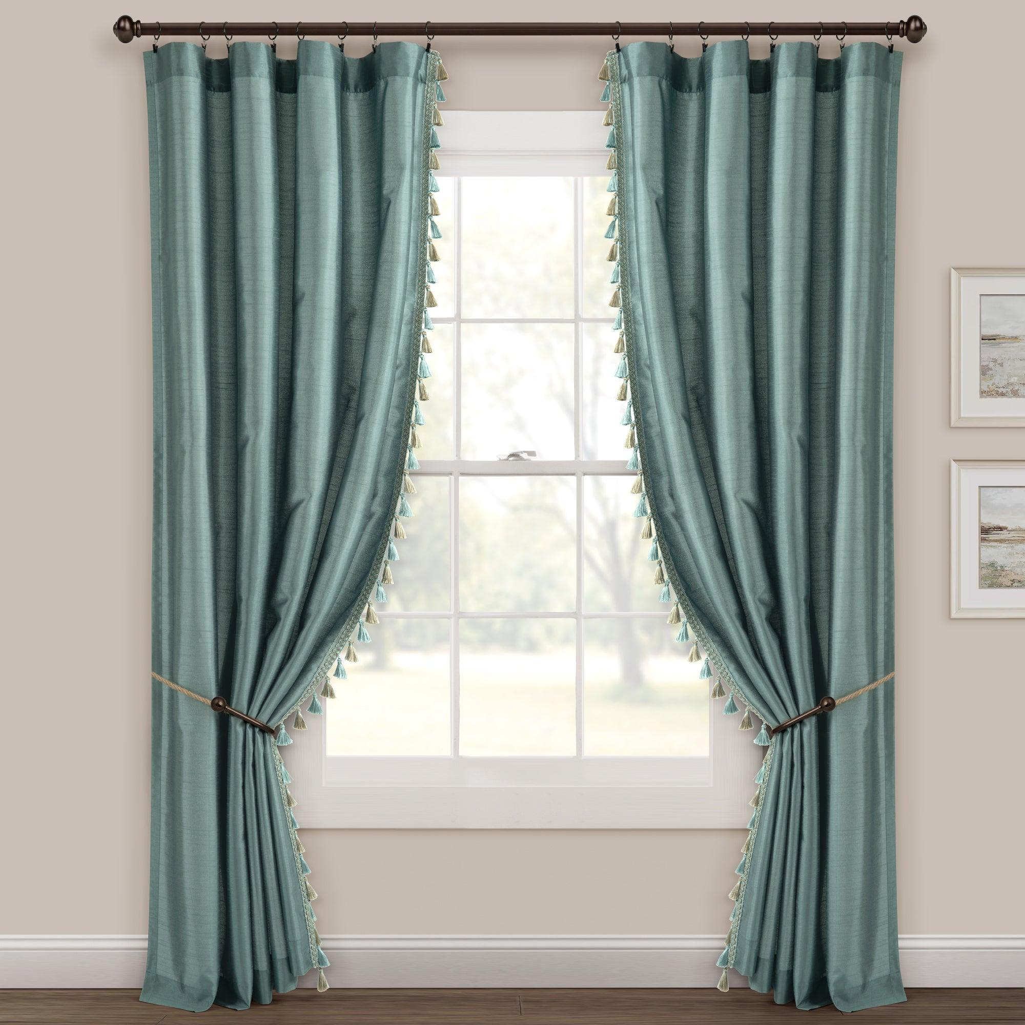 Luxury Regency Faux Silk Two-Tone Tassel Window Curtain Panel Set