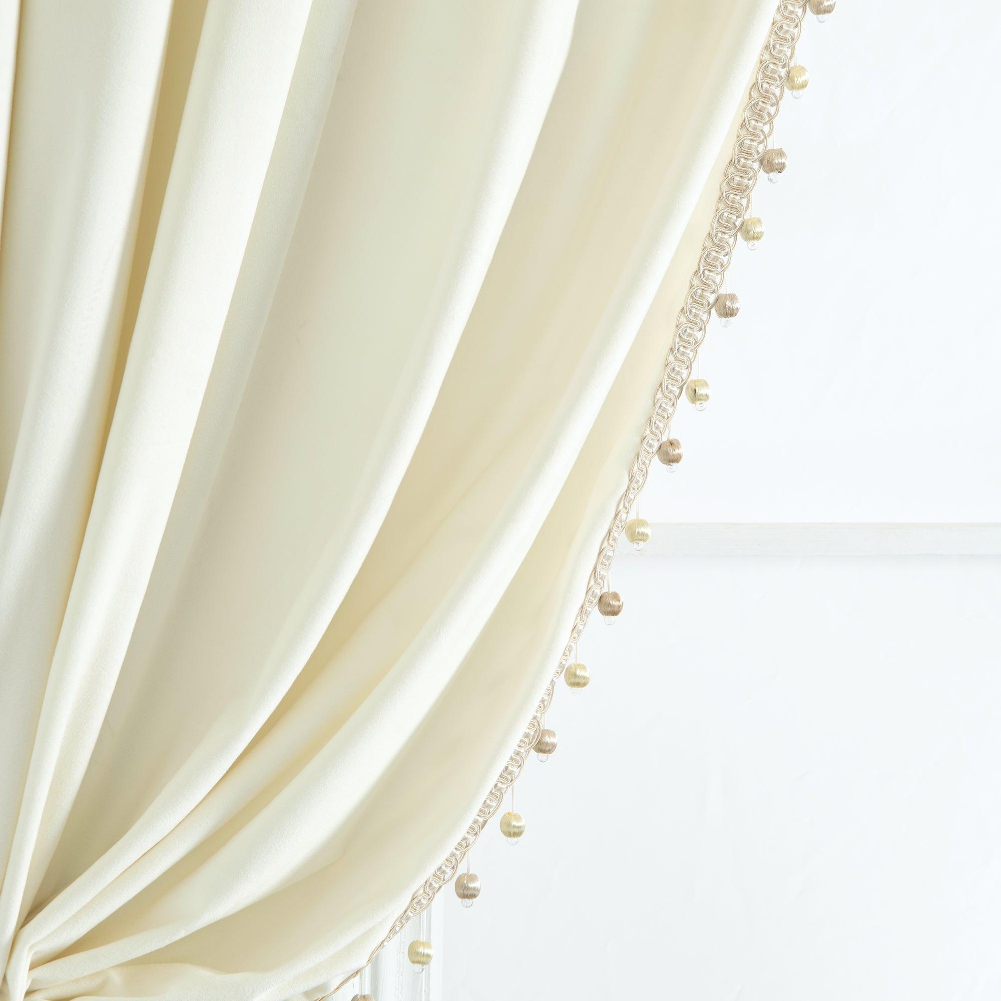 Luxury Vintage Velvet With Silky Pompom Trim Window Curtain Panel