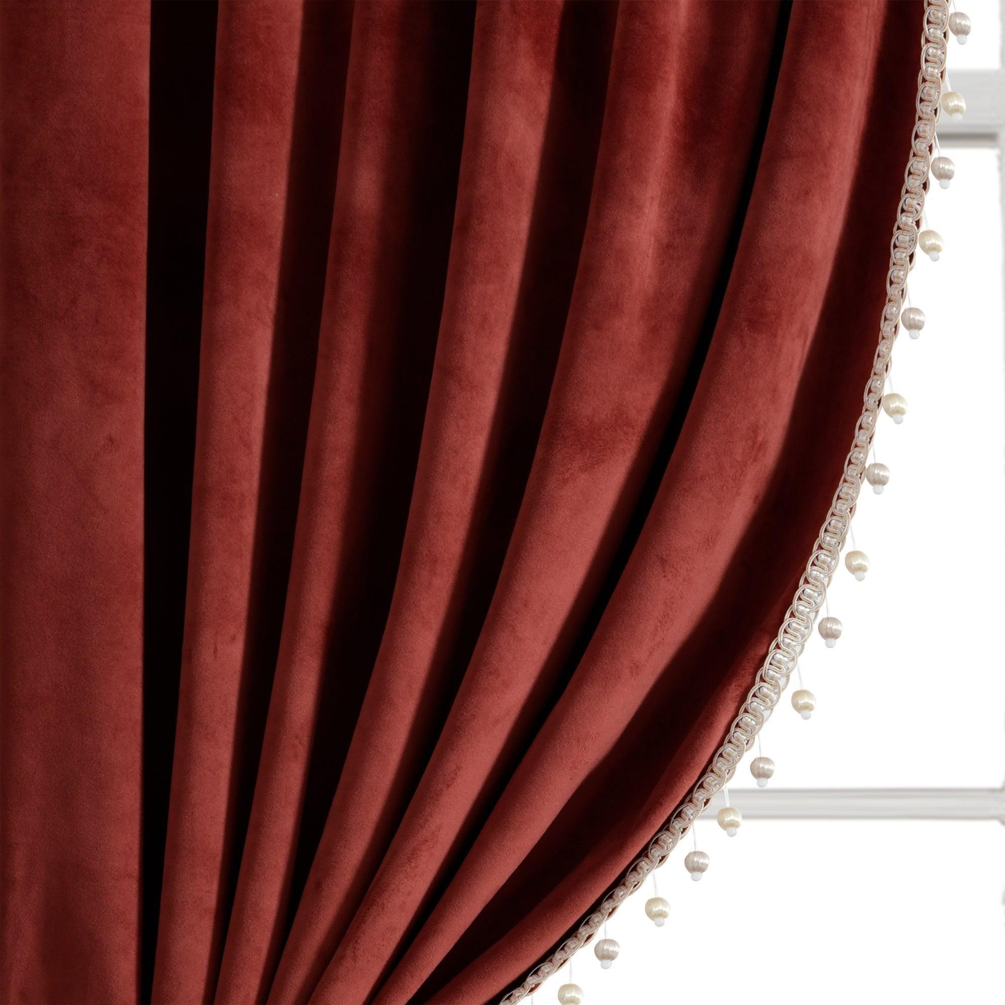 Luxury Vintage Velvet With Silky Pompom Trim Window Curtain Panel