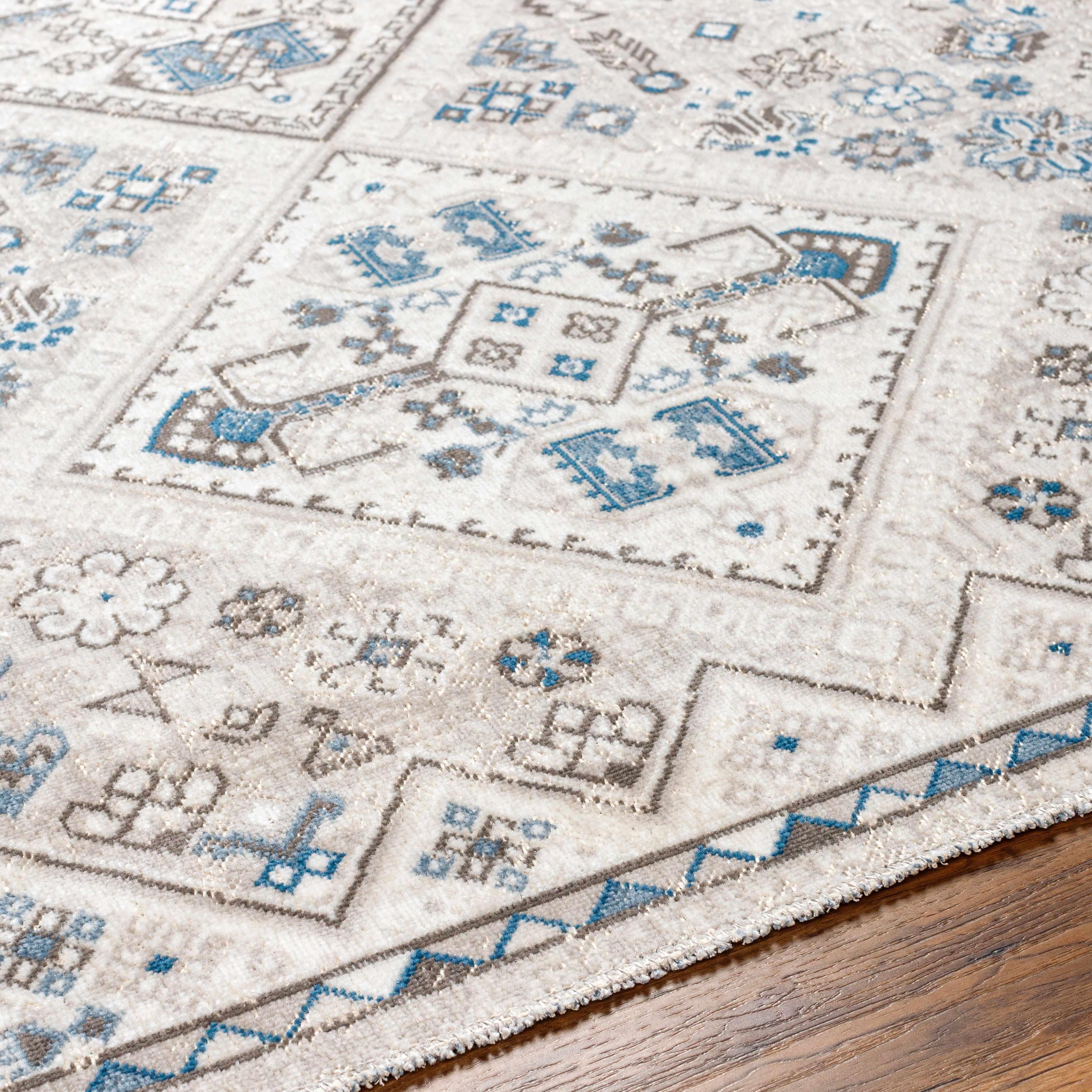 Meja Cream & Blue Washable Area Rug