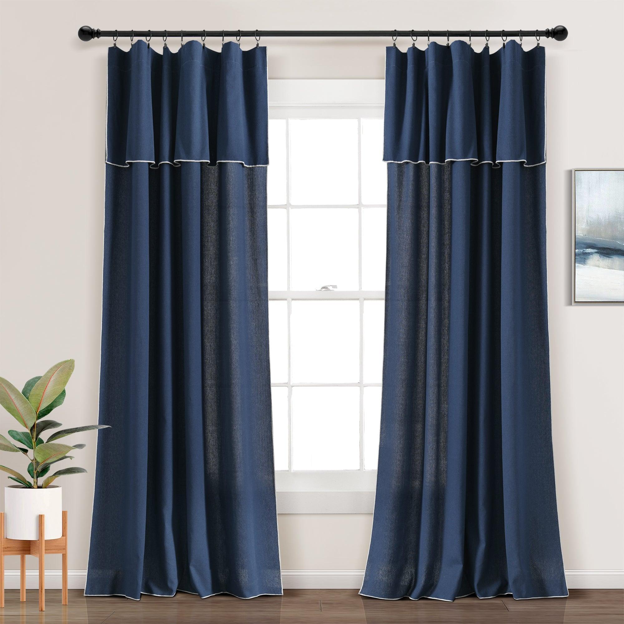 Modern Faux Linen Embroidered Edge With Attached Valance Window Curtain Panel Set