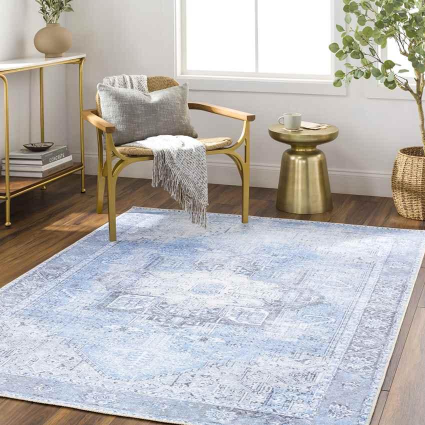 Nora Traditional Ice Blue Washable Mandala Area Rug