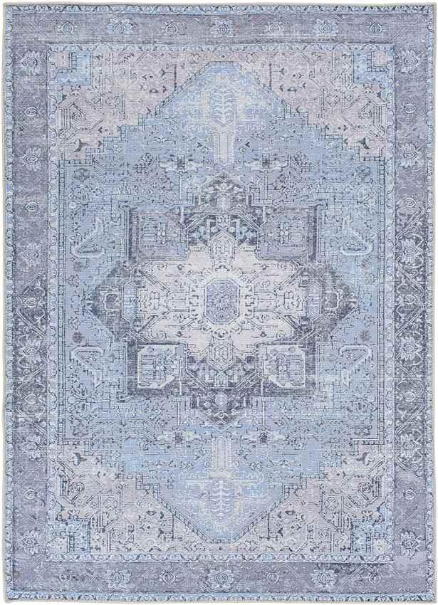 Nora Traditional Sky Blue Washable Mandala Area Rug