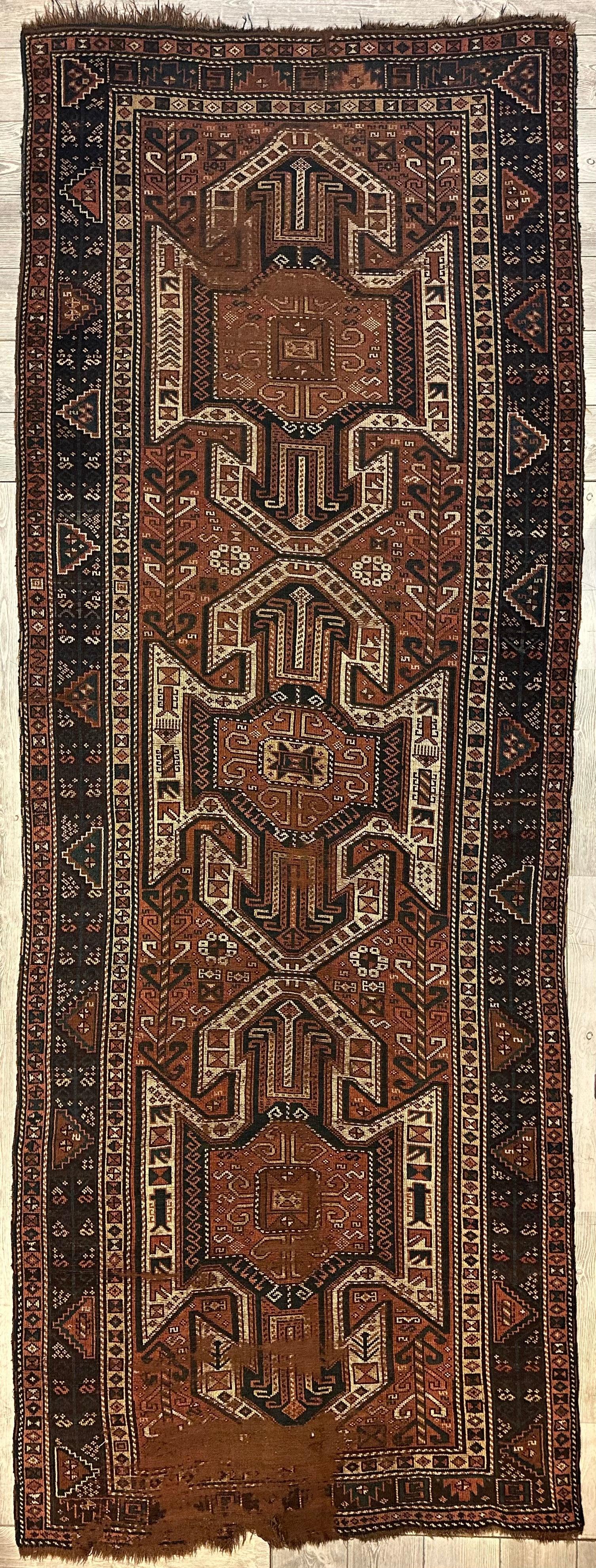 Pre-1900 Triple Shield Sewan Kazak Rug, 4’4”x11’7”