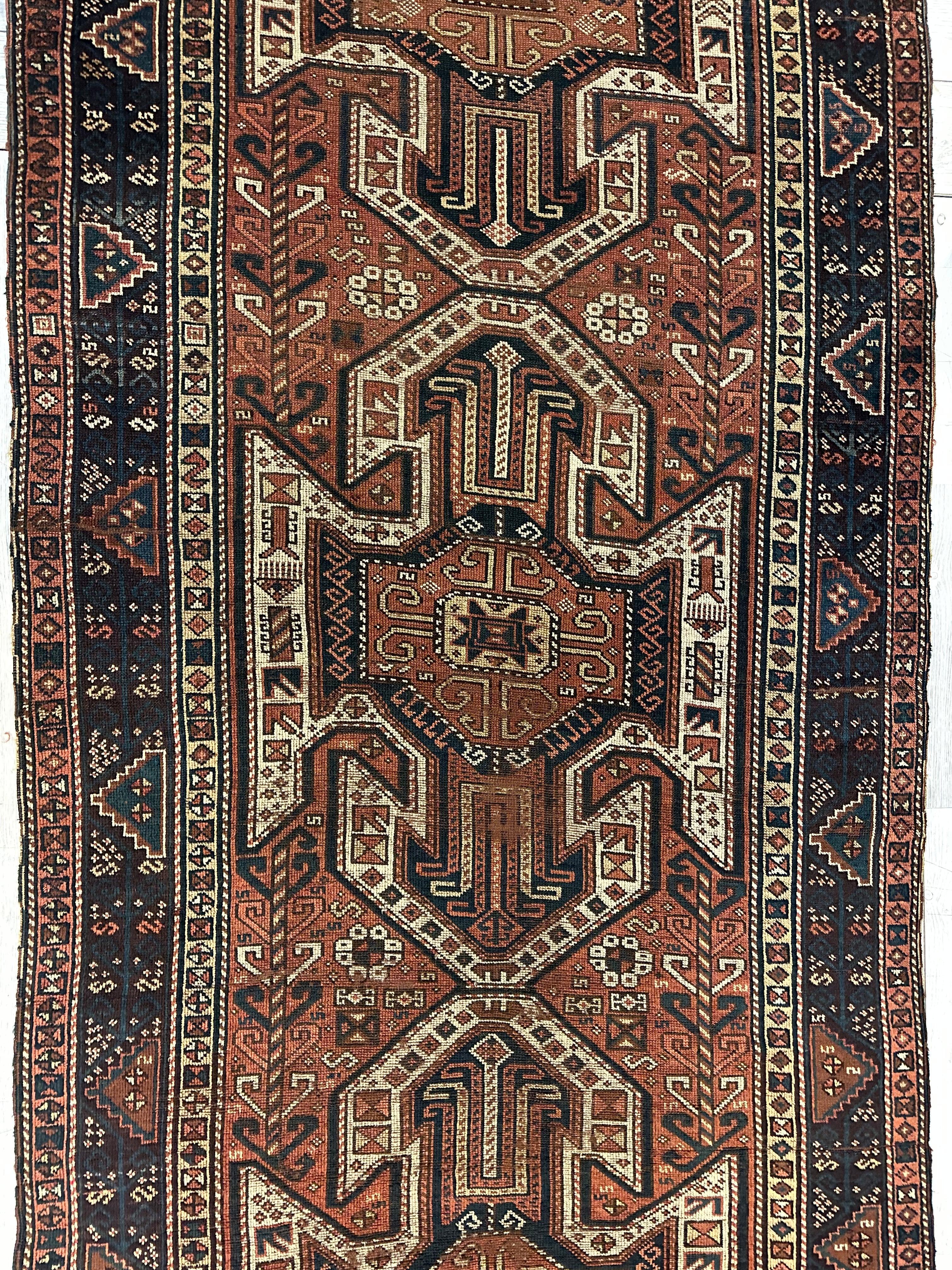 Pre-1900 Triple Shield Sewan Kazak Rug, 4’4”x11’7”