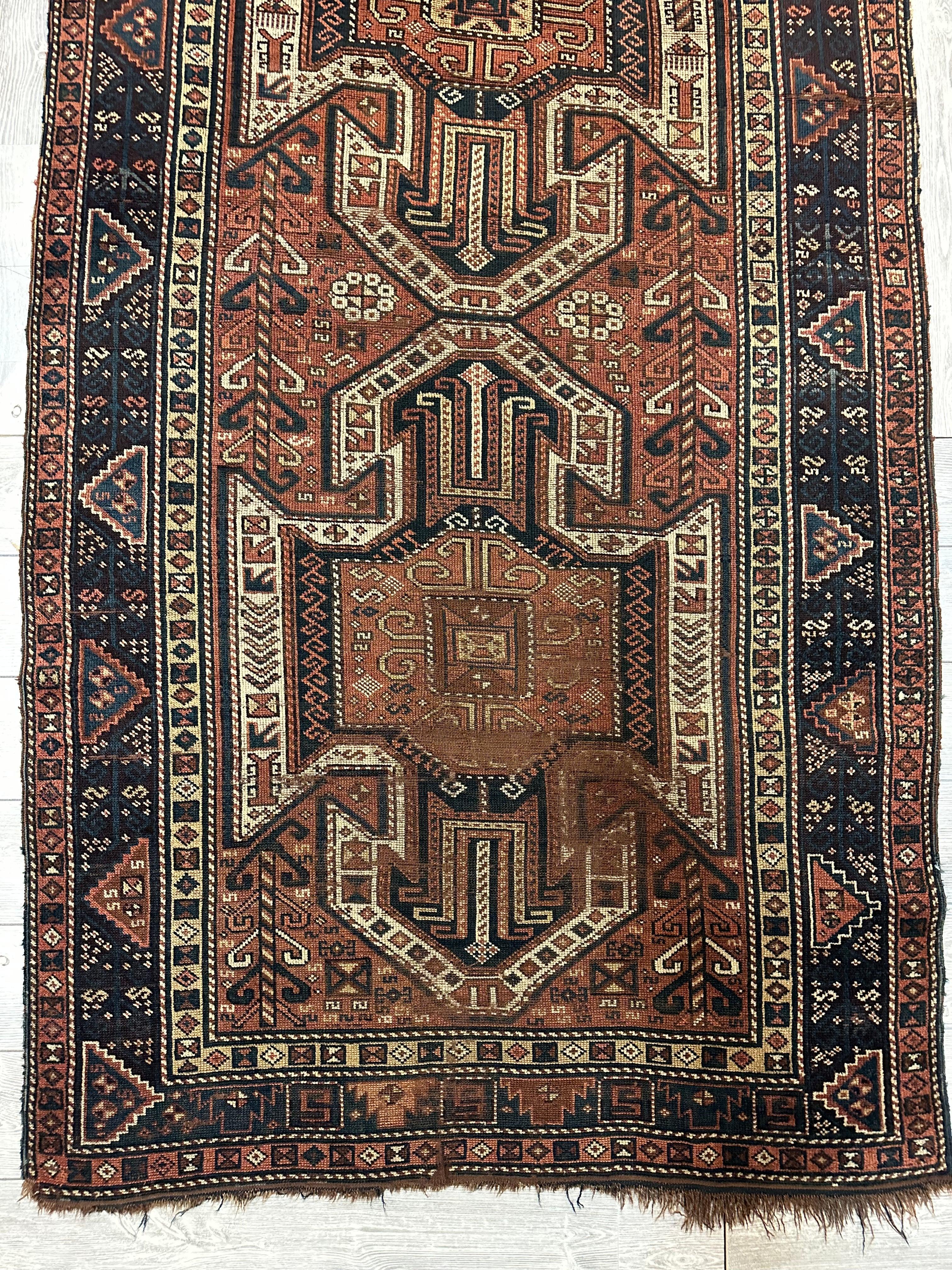 Pre-1900 Triple Shield Sewan Kazak Rug, 4’4”x11’7”