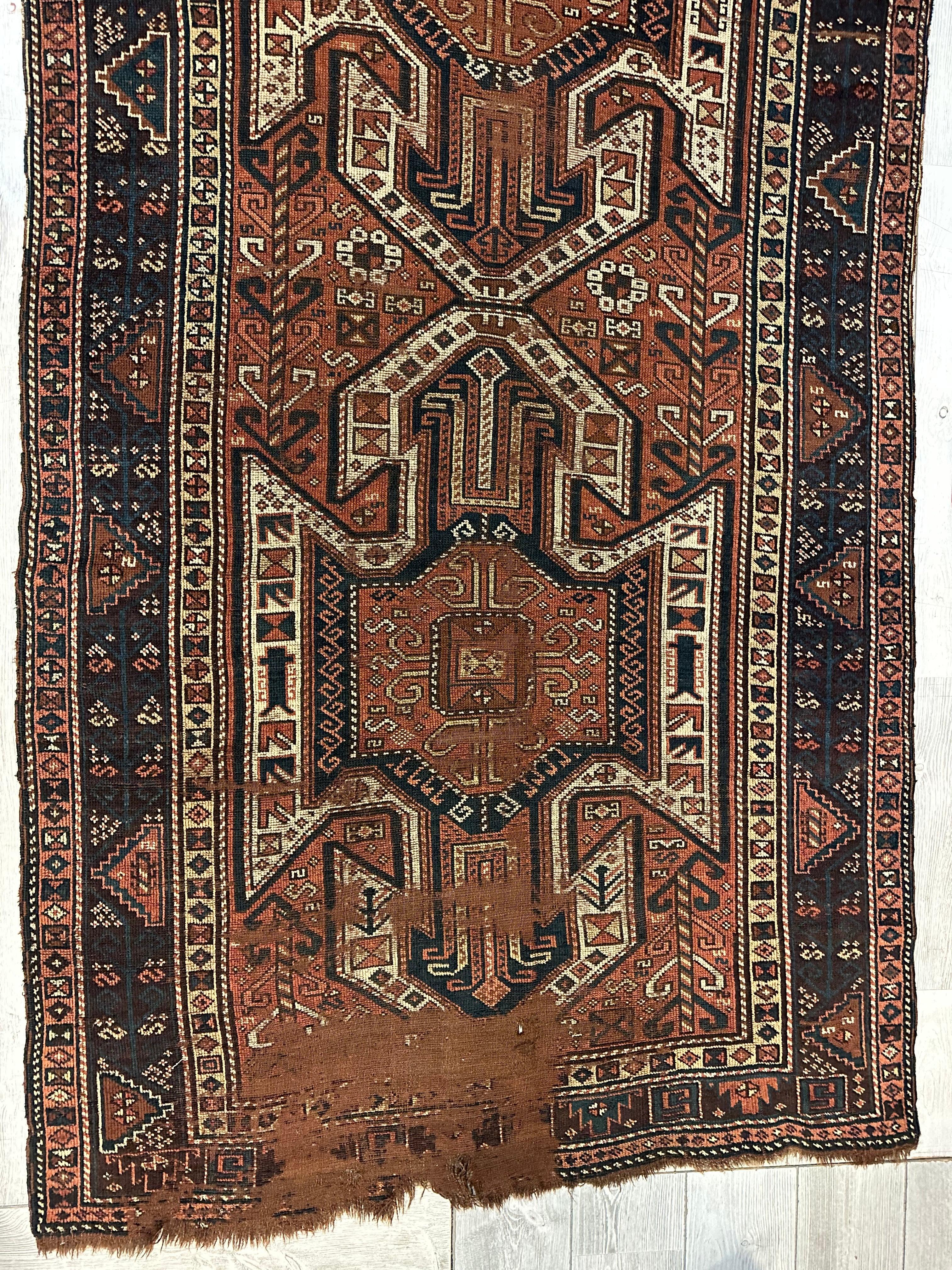 Pre-1900 Triple Shield Sewan Kazak Rug, 4’4”x11’7”