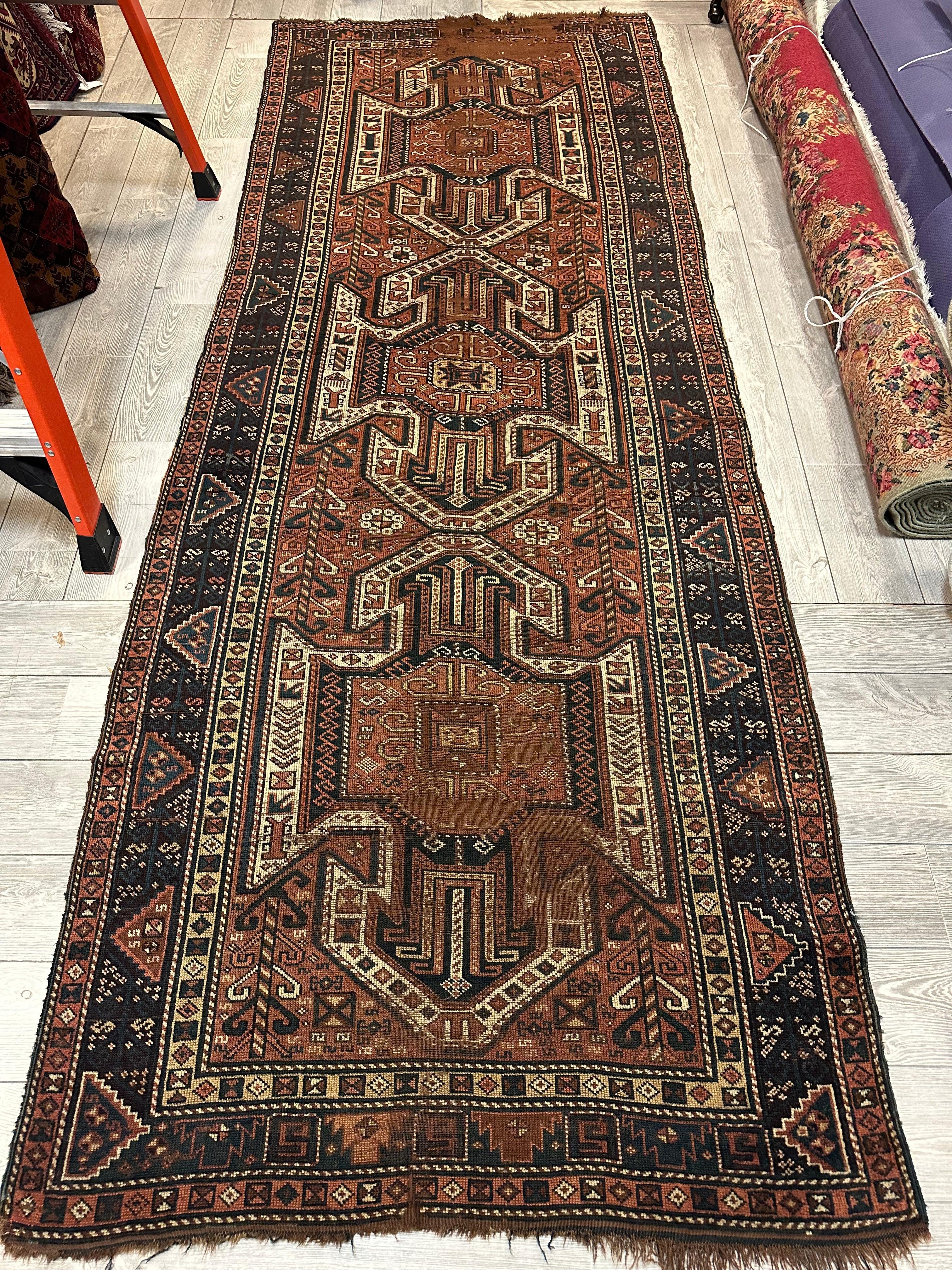 Pre-1900 Triple Shield Sewan Kazak Rug, 4’4”x11’7”