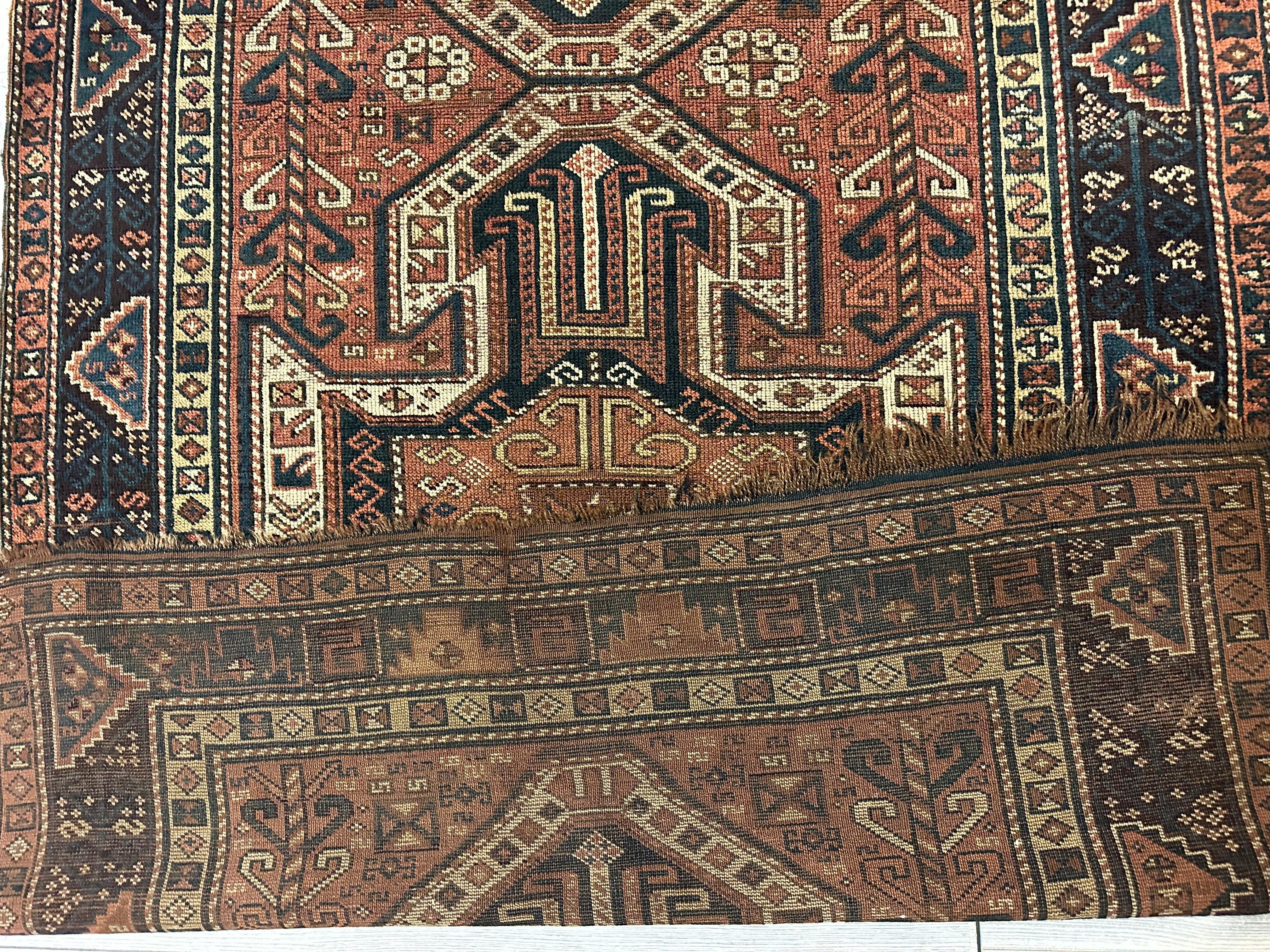 Pre-1900 Triple Shield Sewan Kazak Rug, 4’4”x11’7”