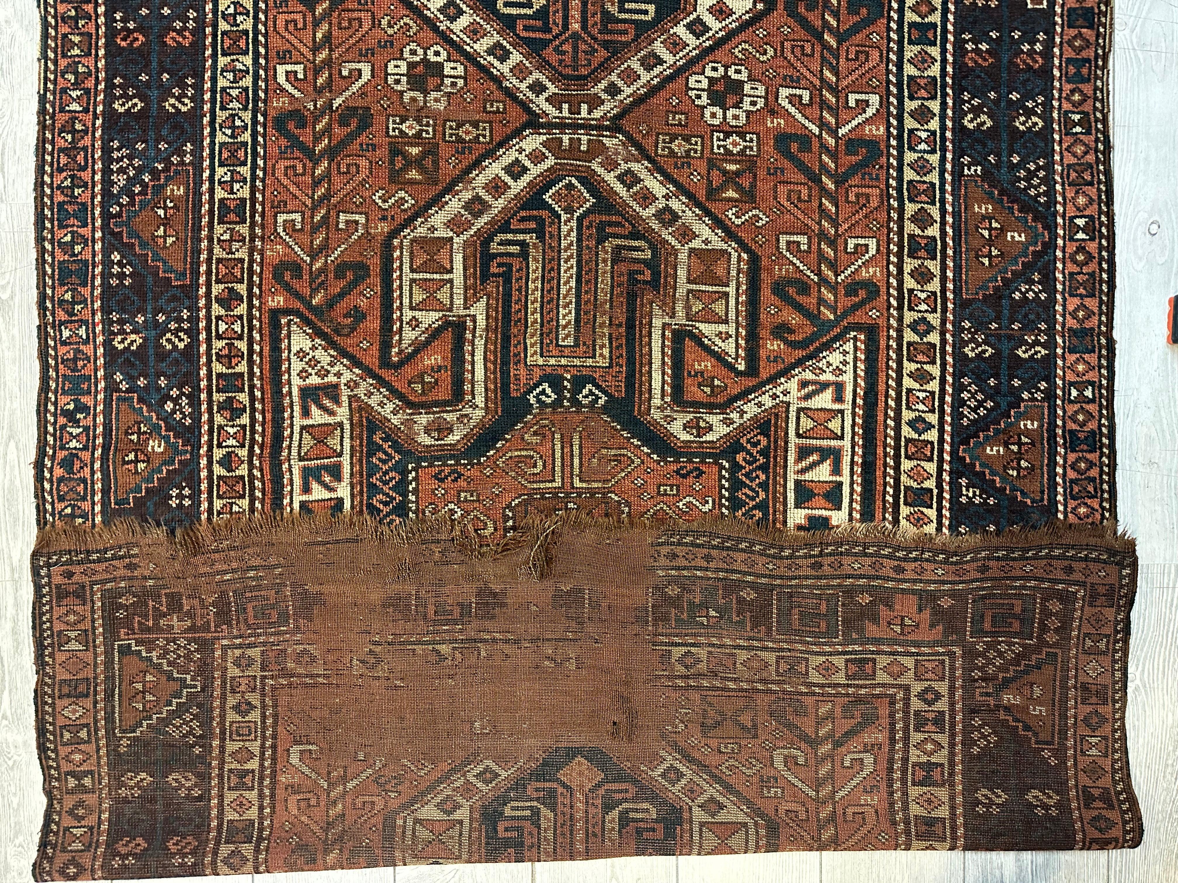 Pre-1900 Triple Shield Sewan Kazak Rug, 4’4”x11’7”