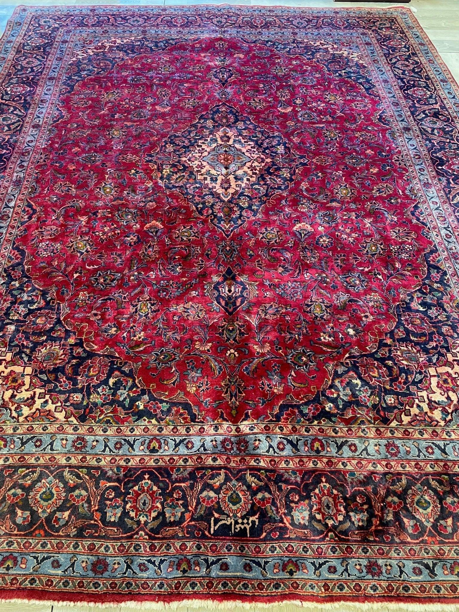 Spectacular Hand Knotted Mashhad Distressed Area Rug 10x13 ft