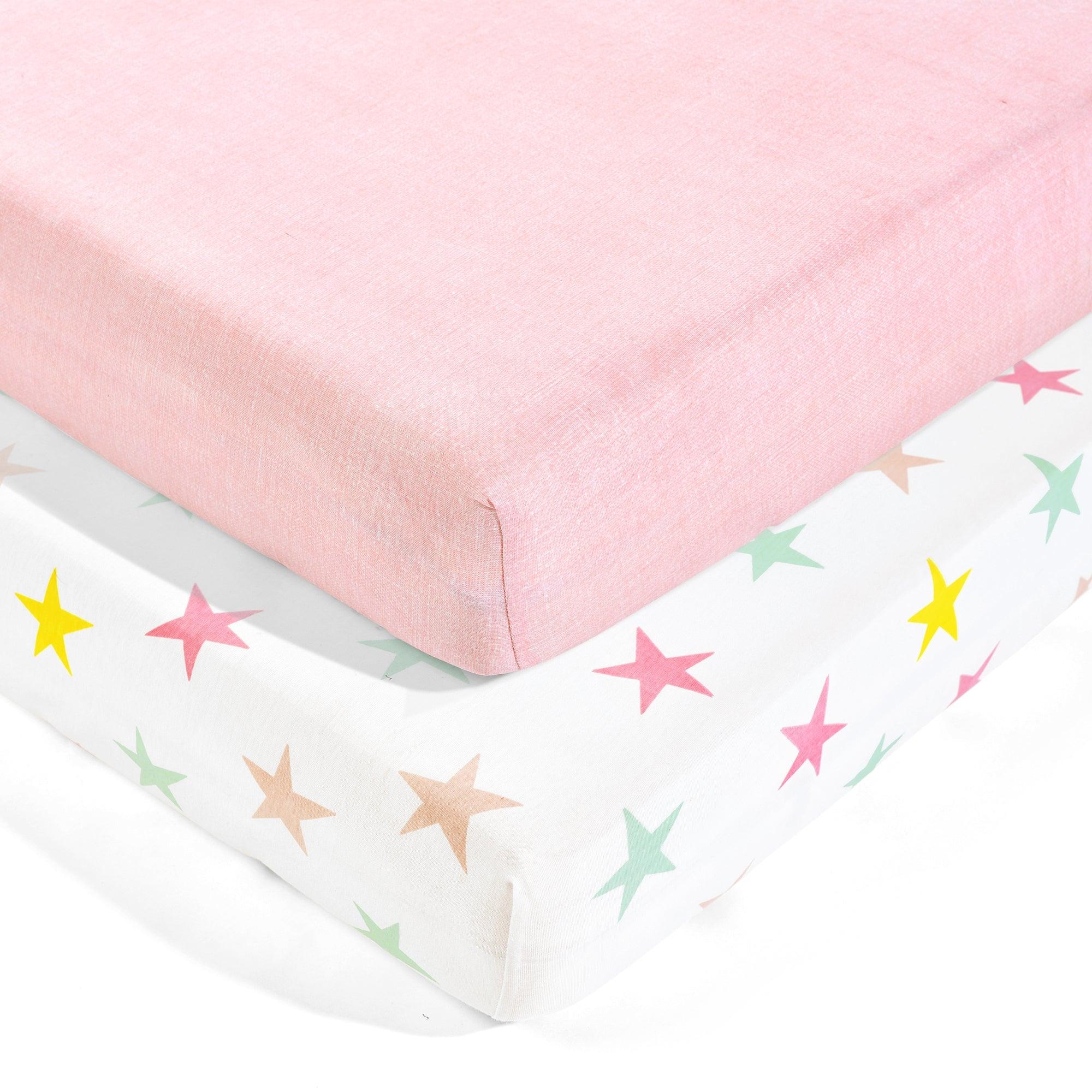 Unicorn Heart Rainbow Star Organic Cotton Fitted Crib Sheet 2 Pack Set