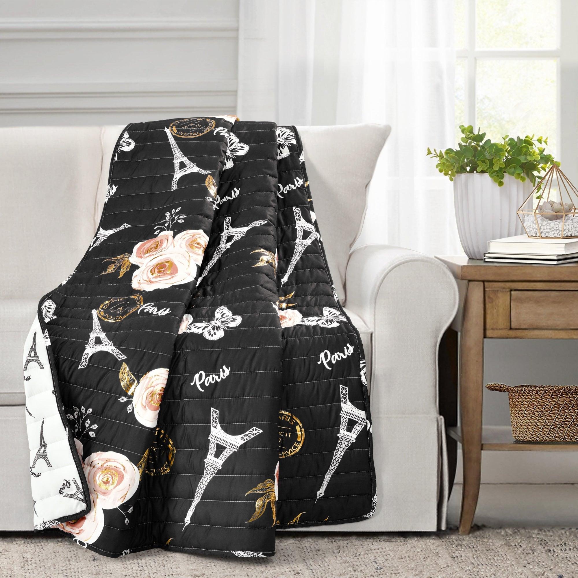 Vintage Paris Rose Butterfly Script Throw