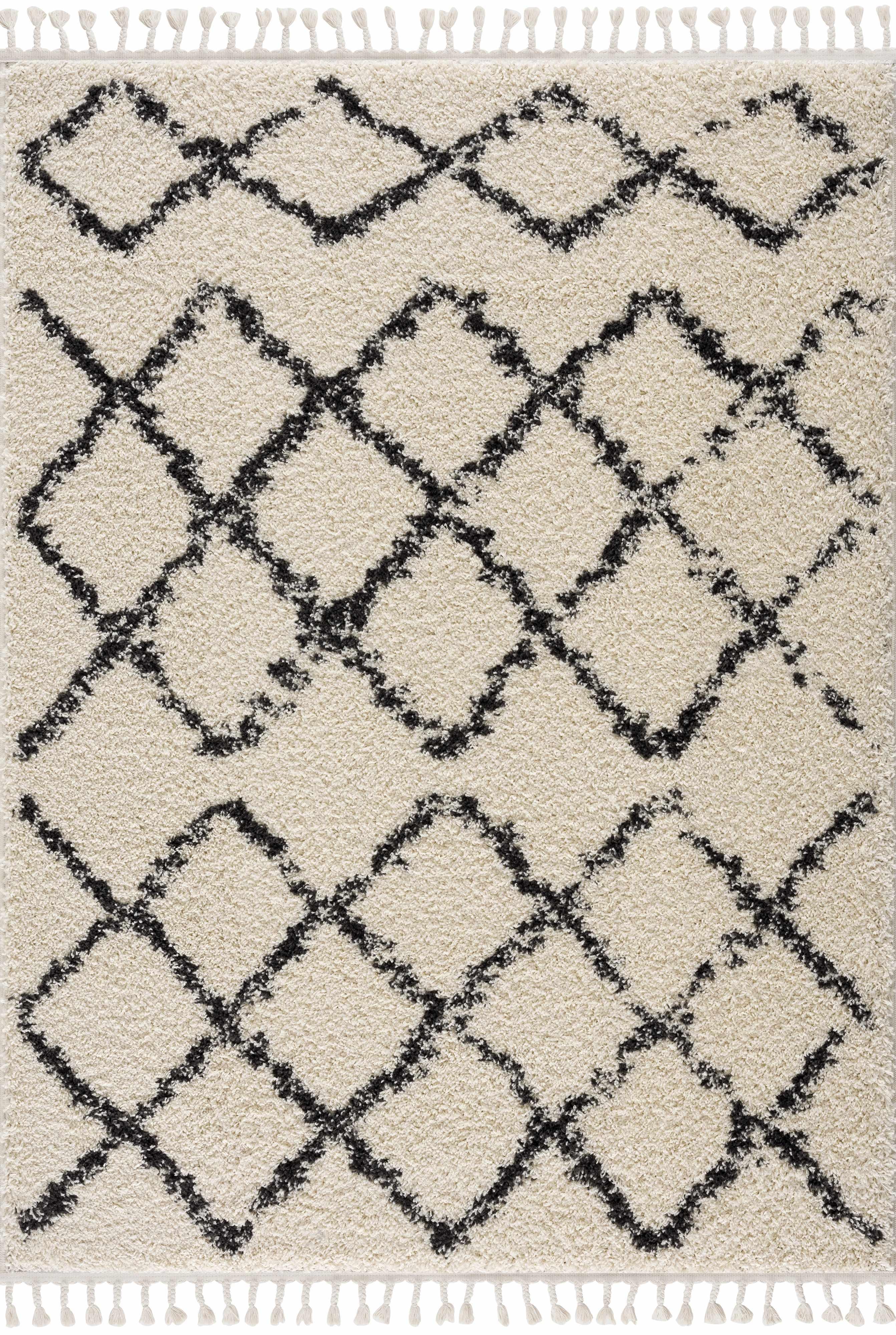 Wallagrass Beige/Black Trellis Tassel Shag