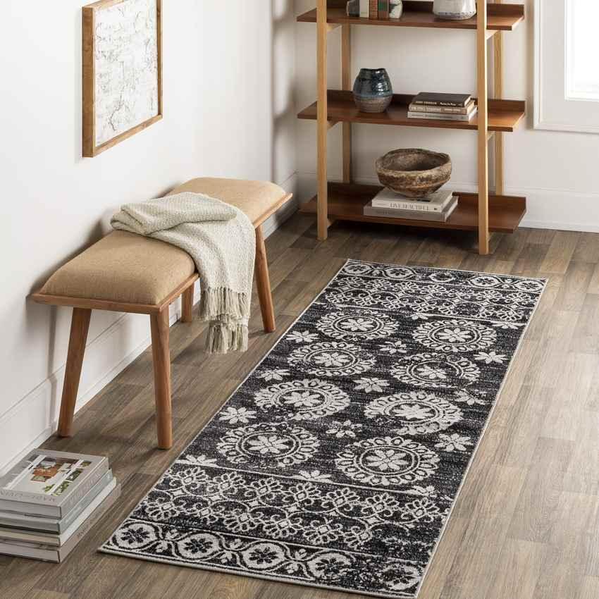 William Traditional Black Washable Area Rug